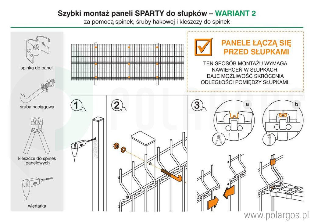 Montaż paneli systemu Sparta do słupków – wariant 2 (za pomocą spinek, śruby hakowej i kleszczy do spinek)